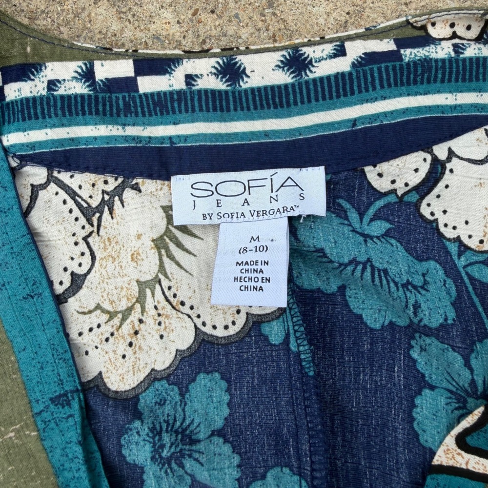 Sofia Jeans by Sofia Vergara Floral Faux Wrap Midi Dress Navy Teal Womens Medium - Picture 4 of 7